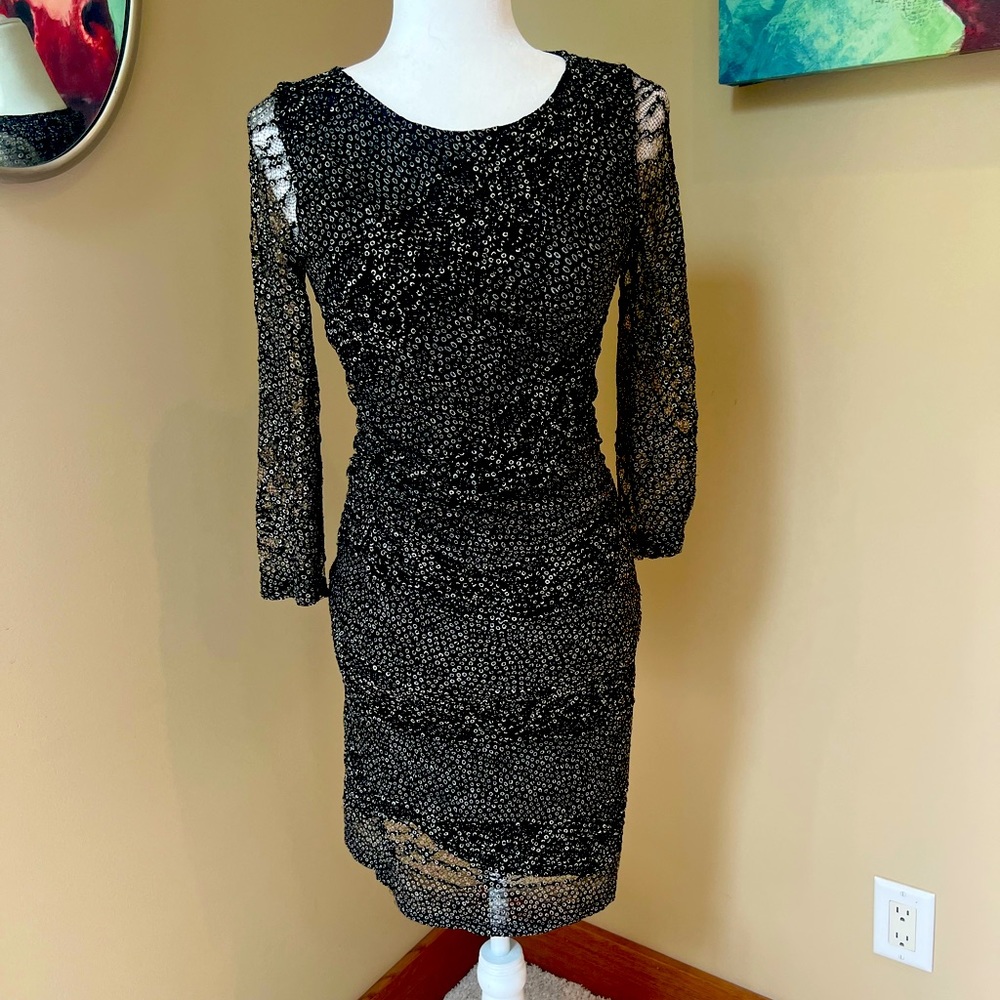 Stunning Reid’s Rouched Black W/Circle For Body Conscious Dress. Lace